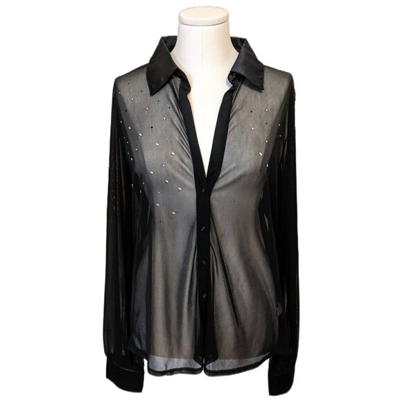 The Limited Tops - The Limited Black Mesh Beaded Blouse Sheer Button Up Gothic Whimsygoth XL